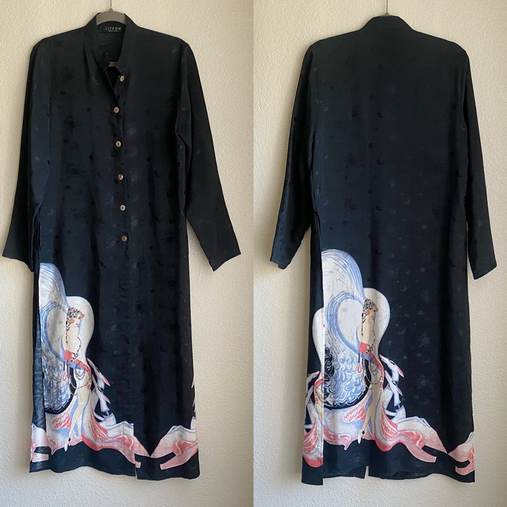 Citron Santa Monica Duster Maxi Kimono Silk Button Up Asian-inspired Art Sequin